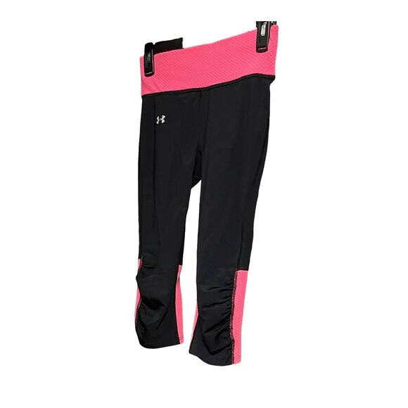 UNDER ARMOUR MID RISE LEGGINGS, GIRLS, 11/12, BLACK W/PINK TRIM, SHE’S A FIGHTER - Picture 2 of 11
